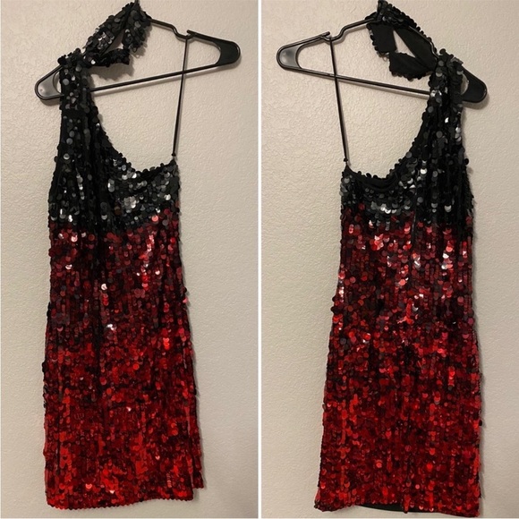 Alice + Olivia Ombré Red and Black Sequins One Shoulder Mini Dress - 4 - Picture 3 of 6
